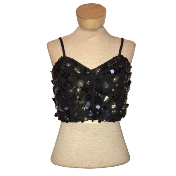 Topshop Black Sequin Bead Embellished Crop Top 10